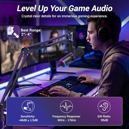 TONOR Dynamic Gaming Microphone, XLR/USB Microphone for Content Creators with AI Noise Cancellation, RGB, Tap Mute, Gain Control, Microfono with Boom Arm for Streaming, Black, TD510 AIR S H+