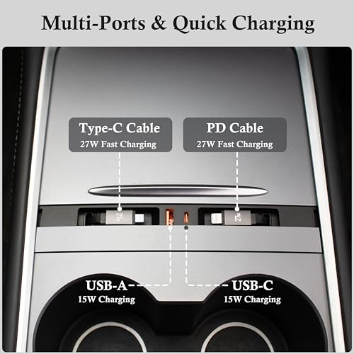 USB Hub Charger for Tesla Model 3 2021-23 & Model Y 2021-24 with Two Cable | Center Console with Two 27W Fast Charging Retractable Cables Phone Charger Docking Station Accessories,Seamless Fit,OEM - color: Model Y 21-24 & Model 3 21-23