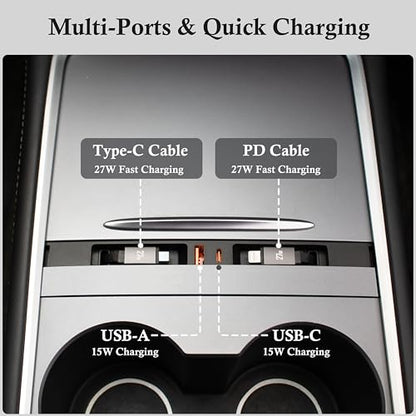 USB Hub Charger for Tesla Model 3 2021-23 & Model Y 2021-24 with Two Cable | Center Console with Two 27W Fast Charging Retractable Cables Phone Charger Docking Station Accessories,Seamless Fit,OEM - color: Model Y 21-24 & Model 3 21-23