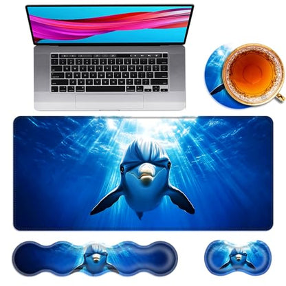 Large Mouse Pad and Keyboard Wrist Rest, Desk Pad for Keyboard and Mouse, 4-in-1 Large Gaming Mouse Pad with Wrist Support, Desk Mat for Home Office Study Game,Dolphin in Ocean - color: Dolphin in Ocean