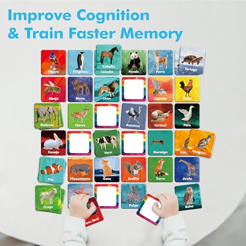 Hebayy 36 Pairs Animal Matching Game, 72PCS Spanish Flashcards 36 Designs Memory Cards Educational Learning Toys for Preschool 4 5 6 Years Old (Each Measures 2” X 2”) - style: Real Animals-B (Spanish version)