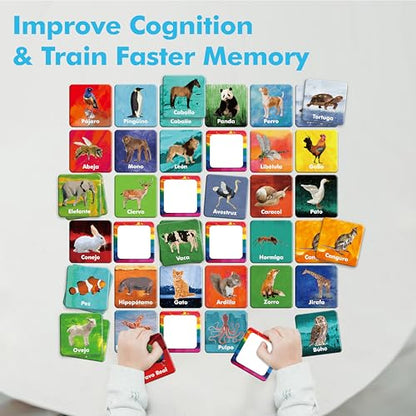 Hebayy 36 Pairs Animal Matching Game, 72PCS Spanish Flashcards 36 Designs Memory Cards Educational Learning Toys for Preschool 4 5 6 Years Old (Each Measures 2” X 2”) - style: Real Animals-B (Spanish version)