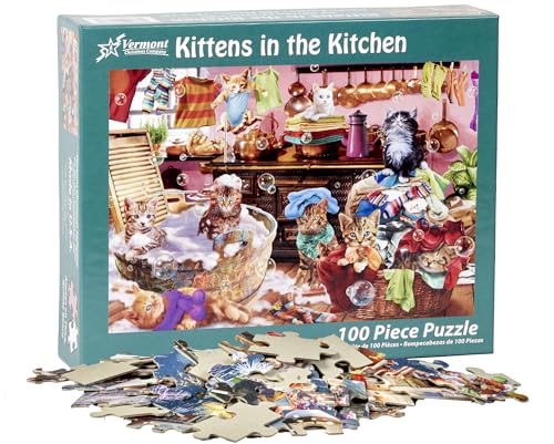 Vermont Christmas Company Kittens in The Kitchen Jigsaw Puzzle 100 Piece, Large Pieces Perfect for Kids and Seniors