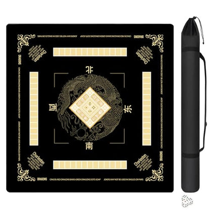 Chinoiserie Mahjong Mat with Rules for Table-31.5''x31.5''Dragon American Mahjong Mat Anti-Slip Neoprene Rubber Noise Reducing,Foldable Travel Game Tablecloth for Poker Card Board Games Dominoes - color: Black Dragon