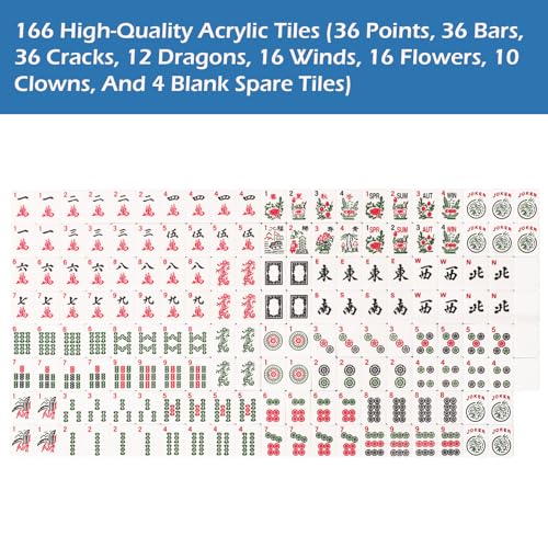 American Mahjong Set,166 Premium Acrylic Tiles with Blue Prints, 4 All-in-One Color Rack/Pushers, Complete Mahjong Game Set with Floral Blue Carrying Bag