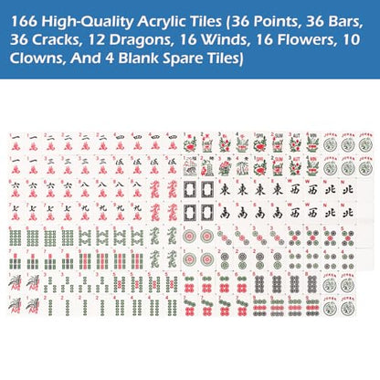 American Mahjong Set,166 Premium Acrylic Tiles with Blue Prints, 4 All-in-One Color Rack/Pushers, Complete Mahjong Game Set with Floral Blue Carrying Bag