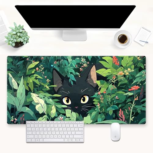 Cute Black Cat Desk Mat, Anime Green XXL Large Gaming Mouse Pad | Kawaii botanical black cat desk pad with soft 3mm cushion, smooth cloth top, and steady non-slip rubber core. - color: Black Cat