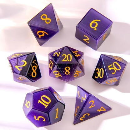 Dark Purple Cat's Eye Crystal DND Dice Set 7 PCS Gemstone Suitable for Dungeons and Dragons D & D RPG Games - color: Dark Purple Cat Eye