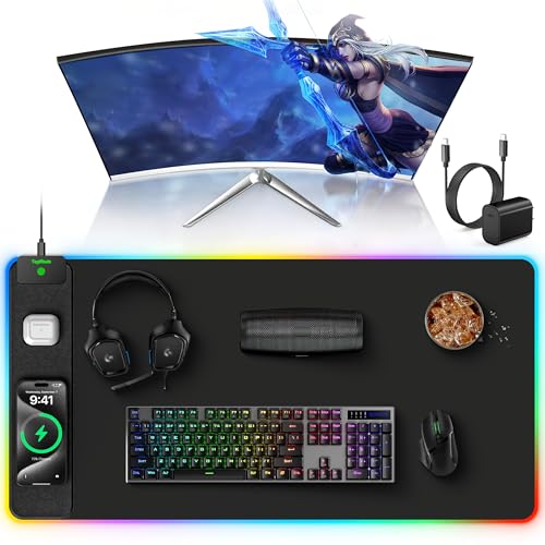 TopMade Wireless Charging Mouse Pad, RGB Gaming Mousepad Home Office Desk Pad, 31.5” x 15.8” XXL Large Desk Mat, Waterproof Keyboard Pad, Black (Includes 20W PD Power Adapter & 6.56ft Woven Cable) - color: Upgraded Rgb - Black With Adapter