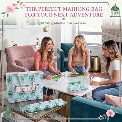 Soulchen 3 Pcs Empty Mahjong Bag Set American Mahjong Buckled and Zippered Carrying Bag with Handle, Tile case and Drawstring Protective Sleeve for Rack Game Accessories Gift Travel(Chinoiserie) - style: Chinoiserie