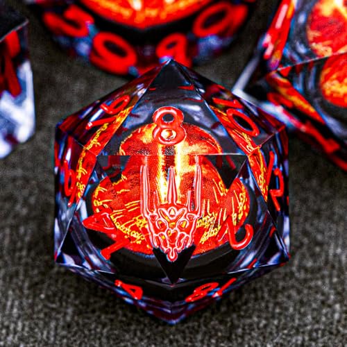 DND Gaze Eye Dice Set 7PCS Liquid Core Polyhedral Dice for Dungeons Dragons RPG Role Playing Game, Resin Sharp Edged D and D Dice with Gift Box D6 D8 D10 D12 D20 (Black Red) - color: Pattern-black Red