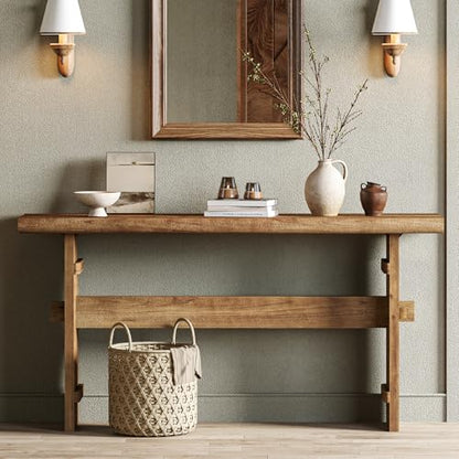 TRIBEWOOD 63-Inch Solid Wood Console Table for Entryway, Narrow Long Farmhouse Sofa Table Behind Couch, for Foyer, Hallway, Living Room, Easy Asswmbly, Brown - color: Brown