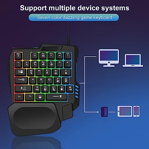 One Handed Gaming Keyboard RGB Backlit and Mouse 35 Keys Ergonomic Mini Keyboard with Wrist Rest USB Interface Mini Game Controller for Gamer White