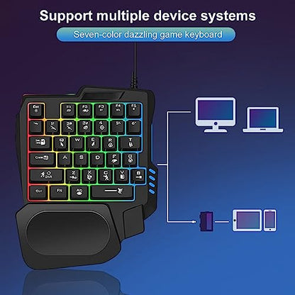 One Handed Gaming Keyboard RGB Backlit and Mouse 35 Keys Ergonomic Mini Keyboard with Wrist Rest USB Interface Mini Game Controller for Gamer White