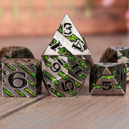 DND Dice Set Dungeons and Dragons Dice d20 Metallic Stripes Dice with Gift Case, Polyhedral Dice Sets for Tabletop Games D&D Dice MTG Pathfinder Role Playing Game, Antique Nickel Bright Green - color: Antique Nickel Bright Green