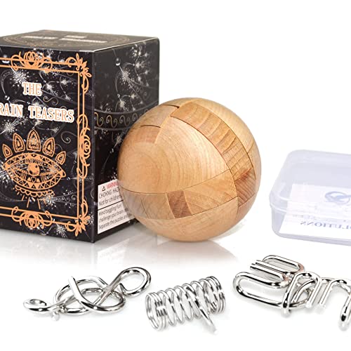 KINGOU Wooden Sphere Puzzle Brain Teaser Toy for Kids and Adults | Measures 2.36 inches, ideal ball stocking stuffer puzzle gift, includes 3 random metal puzzles and guide