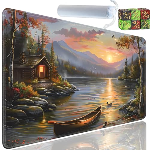 Playmat for MTG, 24x14 Inches Playmats, for TCG and CCG Trading Card Game Mat, Non-Slip Rubber for MTG Playmats with A Storage Bag and 6 Dice Set, Boats and Streams Pattern - color: Yu-Playmat-1-D102