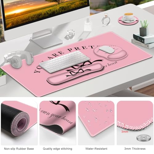 Gaming Mouse Pad, Large Desk Mat, 4in1 XXL Mousepad Cute Desk Pad Protector | Keyboard Wrist Rest+Mouse Wrist Rest+Coaster Set with Ergonomic Desk Pad for Home Office Table Computer, Pink Pretty Bow - color: Pink Pretty Bow
