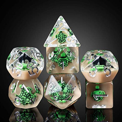 Cusdie 7-Die DND Dice, Polyhedral Dice Set Filled with Animal, for Role Playing Game D&D Dice (Green Turtle) - color: Green Turtle