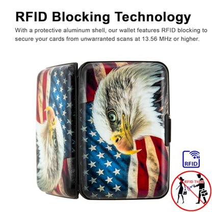 Credit Card Holder Small RFID Blocking Wallet Business Metal Slim Mini Aluminum Hard Case for Women Men - color: American Flag Bald Eagle