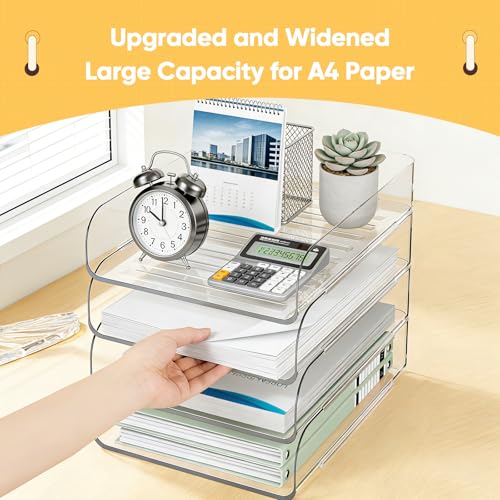 HIYOHIYO Clear Office Desk Organizer for A4 Letter Paper, 4-Tier Vertical | Stackable | Large Capacity | Sturdy Office DeskTtop Organizer for File Folder, Stable Home Desk Paper Holder and Storage - size: 10" x 13" x 11"