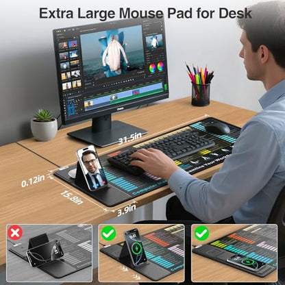Wireless Charging Mouse Pad with Foldable Phone Holder, 31.5"x15.8" in | XXL Excel Cheat Sheet Desk Mat for Laptop/Keyboard, Waterproof Ultra-Smooth Surface, Non-Slip Base - color: Black Excel-Phone Holder-31.5"x15.8"