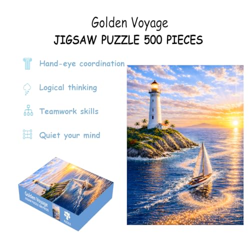 Puzzles for Adults 500 Pieces, Lighthouse Jigsaw Puzzles - Golden Voyage, Impossible Ocean Puzzles for Seniors Family, 20.47x14.96 inches, 1:1 Poster, Letter on the Back