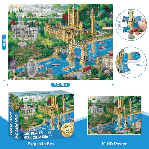 Jigsaw Puzzle 500 Piece for Adults,Unique Colorful London City View Puzzles | Charming England Puzzles Letter on Back,Nterlock Perfectly Frameable,Fun Challenging Perfect Birthday Party Gifts, 20.5x15 In - style: England town