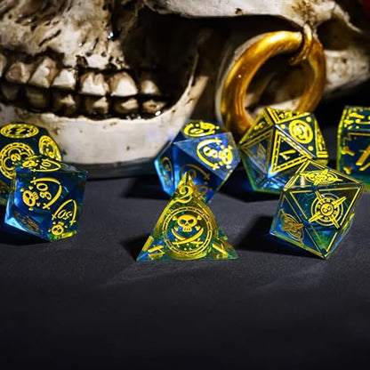 Cusdie 7-Piece Sharp Edges DND Dice Set with Pirate Design - Perfect for Tabletop RPGs Board Games Gifting and Collecting(Blue w/Yellow Pirate Pattern) - color: Blue W/Yellow Pirate Pattern