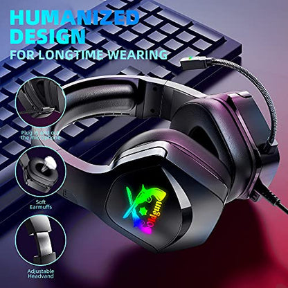 OLDGUN-M50 Gaming Headset Microphone That Will Never be Damaged Stereo Headset for PC/PS4/PS5 Controller, Over Ear Headphones with RGB Light Noice Cancelling Microphone and Soft Earmuffs