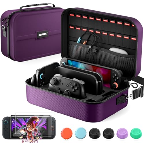 COOWPS Switch 2 Case Bundle for Nintendo Switch 2, with 2-Pack Screen Protector, 6Pcs Thumb Grips, 20 Game Card Slots, Portable Travel Full Protection All In One Storage Case for Switch 2 Accessories - color: Purple
