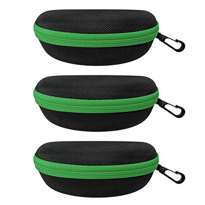 3 Pack Zipper Shell Eyeglasses and Sunglasses Case with Plastic Carabiner Hook - color: Green