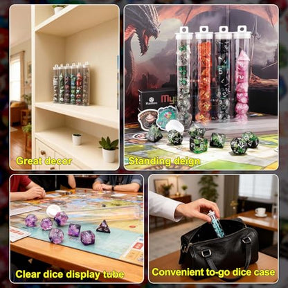 Haxtec Mystery DND Dice Set 7pcs Polyhedral Dice + 3 Funny Waterproof Stickers + Clear Tube Case, Mystery Dice for Dungeons & Dragons, Great DND Gift, No Duplicates in 2/5 Packs, Gift Box Included - style: Classic + Tube