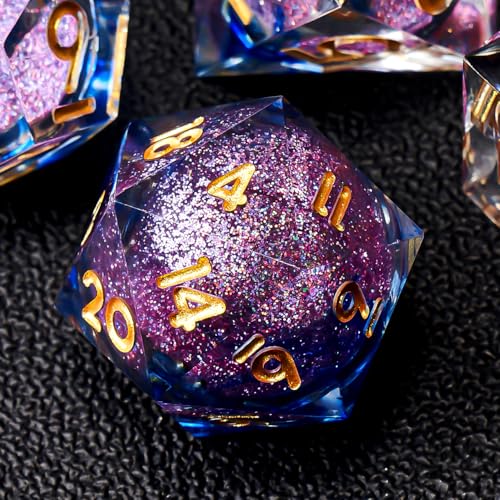 Liquid Core DND Dice Set, 7pcs Sharp Edge Dice for Role Playing Dungeons and Dragons Ttrpg with Gift Box, Handmade Resin D&D Dice RPG Role Playing Games Dice Set(Blue&Pink Quicksand) - color: Liquid-smog Clear Pink
