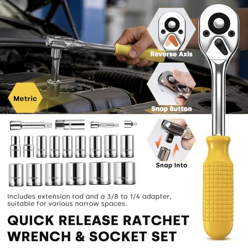 Enventor Tool Set with 1/4 in and 3/8 in Metric Sockets, 231 Pieces | 8-15 MM Wrenches, Quick-release Ratchet for Home Repairs, DIY projects, and Auto Maintenance