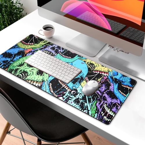 Colorful Skulls Desk Mat Large Gaming Mouse Pad XL Extended Mousepad Desk Pad Big Keyboard Pad Desktop Mouse Mat 31.5''x11.8'' Deskmat for Gamers with Stitched Edges Non-Slip Rubber Base - color: Colorful Skulls