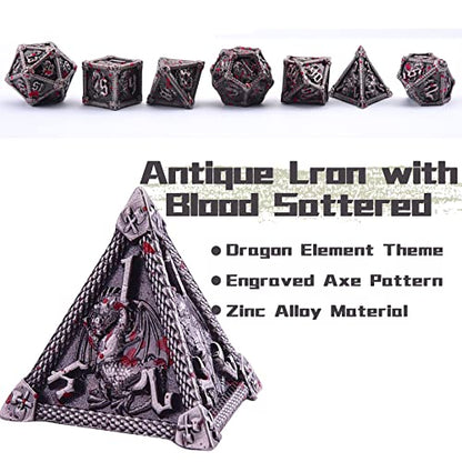 AUSTOR 7-Die Metal DND Dice Set Dungeons and Dragons Polyhedral Roll Playing Dice with Box D20 D12 D10 D% D8 D6 D4 for Pathfinder MTG RPG Board Games - color: Antique Iron With Blood Spattered