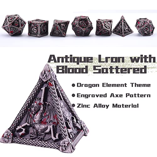 AUSTOR 7-Die Metal DND Dice Set Dungeons and Dragons Polyhedral Roll Playing Dice with Box D20 D12 D10 D% D8 D6 D4 for Pathfinder MTG RPG Board Games - color: Antique Iron With Blood Spattered