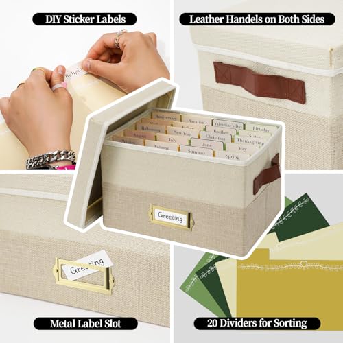 Vienrose Greeting Card Organizer Box with 20 Removable Dividers, 84 Labels, Foldable Storage Box Great for Greeting Cards, Photos, Envelopes, Stickers, Postcards, Beige&Khaki - color: Beige&Khaki