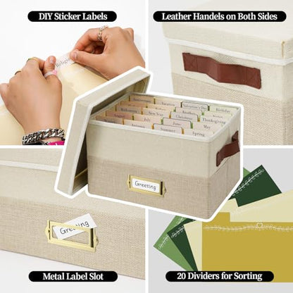 Vienrose Greeting Card Organizer Box with 20 Removable Dividers, 84 Labels, Foldable Storage Box Great for Greeting Cards, Photos, Envelopes, Stickers, Postcards, Beige&Khaki - color: Beige&Khaki