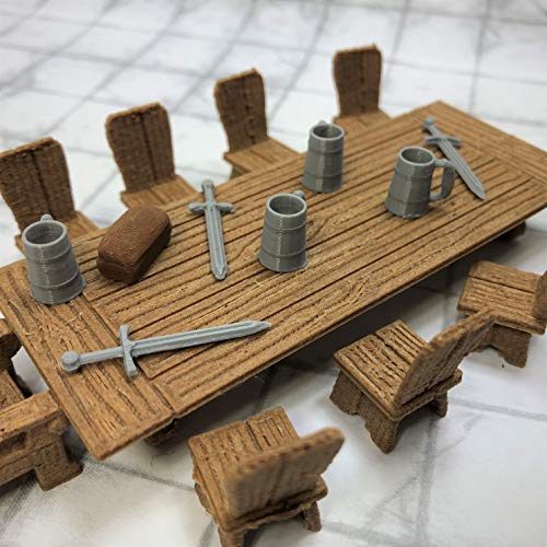 Lords Table Set with Chair, Small Chairs, Sword Rack, Swords, Tankards, and Bread - 28mm Scale Tabletop Terrain for D&D and Fantasy Role Playing Games