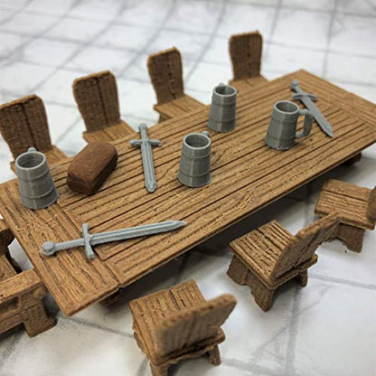 Lords Table Set with Chair, Small Chairs, Sword Rack, Swords, Tankards, and Bread - 28mm Scale Tabletop Terrain for D&D and Fantasy Role Playing Games