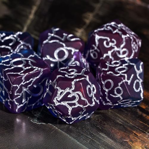 Purple DND Dice Cracked Polyhedral Dice Set D&D for Tabletop Games | Leather Storage Bag, DM Gift, for Dungeons and Dragons Role Playing Games - color: Crackle-silver