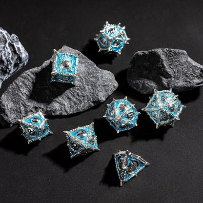 Metal DND Dice Set Blue Dragon Eye Metal Dice Set for Tabletop Games | Leather Storage Bag, DM Gift, for Dungeons and Dragons Role Playing Games - color: Dragon-silver Blue