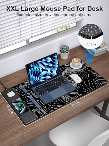 TopMade Mouse Pad with 15W Fast Wireless Charging, 31.5"x15.75" XXL Large Gaming Waterproof Desk Pad, Computer Desk Mat, Black Topographic Map #2 (Includes 20W PD Power Adapter & 6.56ft Woven Cable) - color: Black Topographic Map #2 With Adapter