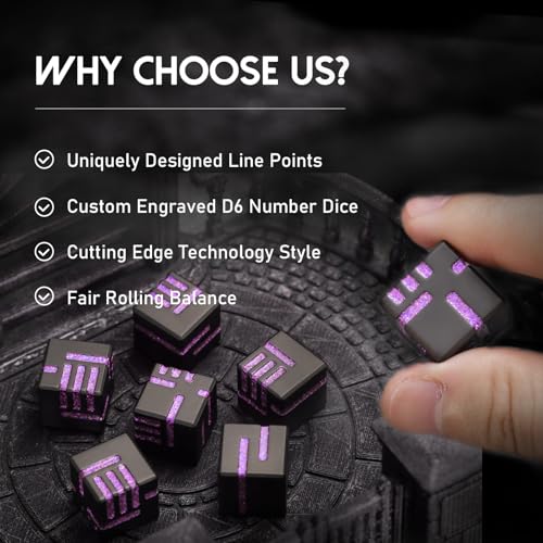 ZHOORQI D6 Metal Dice, 16mm 6 Sided Dice Set, 6Pcs/Set Tech-Themed New Concept Glittery Lines D6 Dice for DND, Tabletop RPGs Gifts（D6-Glitter Purple） - color: D6-glitter Purple