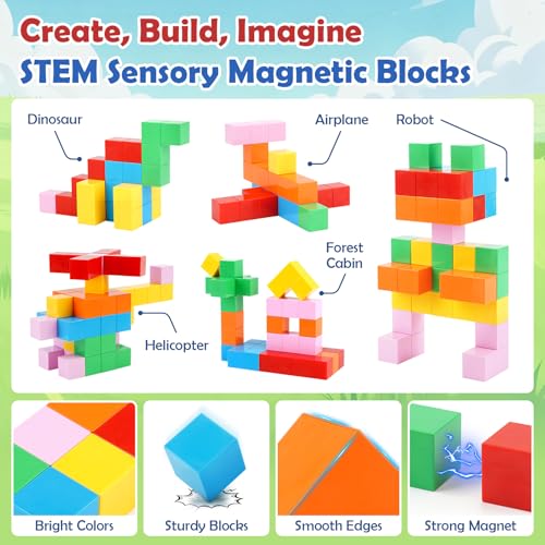 52 PCS Magnetic Blocks with Metal Box, 0.8in Mini Building Cubes Travel Toy | Magnetic Building Blocks Travel Airplane Classroom Toys for Kids Ages 3+, STEM Educational Toys for Boys Girls Birthday Gifts - color: Colorful