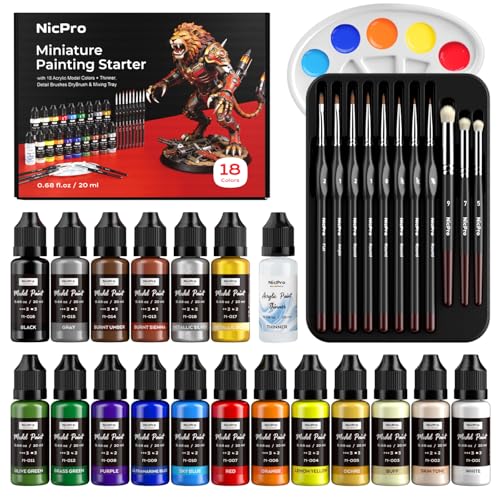 Nicpro All-In-One Miniature Painting Kit, Starter Paint Set with 18 Colors Model Paint & Thinner(20ml), Palette, 11 Detail Paint Brushes Drybrush, Miniature Paint Set for Models, Scale Figures, Crafts - color: 18 Colors + Thinner + Brush