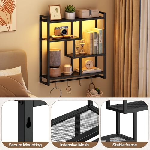 HOOBRO Gaming Floating Shelves with LED Lights, 28.7" LED Wall Mounted Shelf, 4-Tier Floating Wall Shelf for Storage, Display Rack with Hanging Bar and 4 S Hooks, for Gaming Room, Black BB37DBJ01 - color: Black