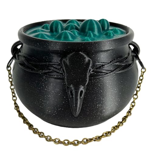 Witch's Cauldron Bowl with Bubbling Potion Lid and Chain - Spooky Halloween Goth Decor - RPG Dice Holder Stash Storage (4in Raven Skull) - size: 4in Raven Skull